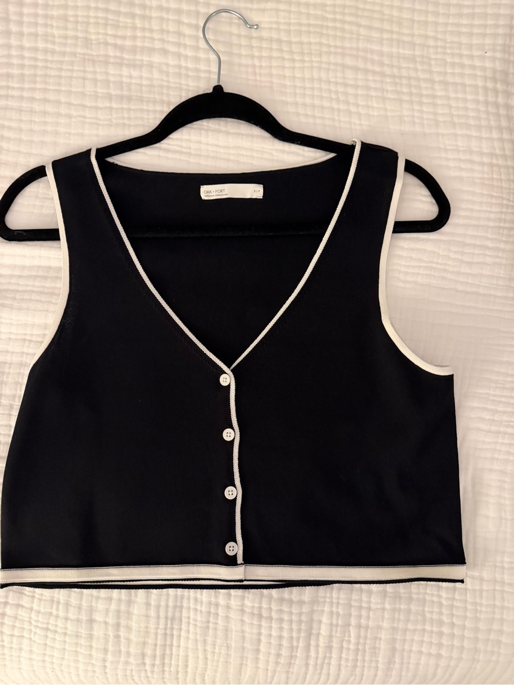 OAK + FORT Black Cropped Knit Button Tank with White Trim